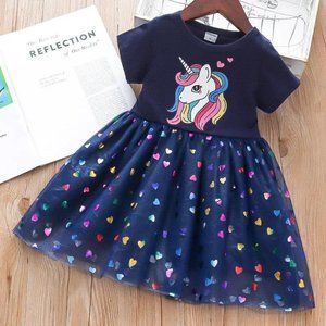 3T Girls Navy Blue Unicorn Dress Party Baby Dresses with Shiny Rainbow Hearts